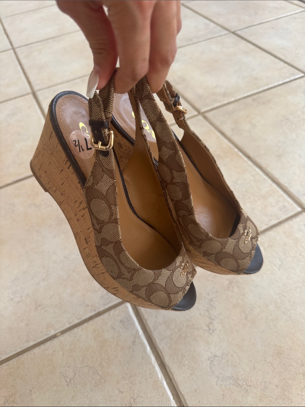 COACH Brown Signature Canvas Peep-Toe Slingback Wedges - Picture 2 of 10